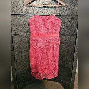 Cache coral pink cutwork floral paisley lace bustier peplum dress Wedding Guest